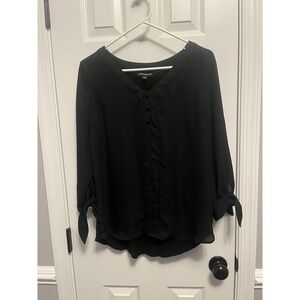 Fortune & Ivy Black V Neck 3/4 Sleeve Bow Tie Blouse Medium Business Casual